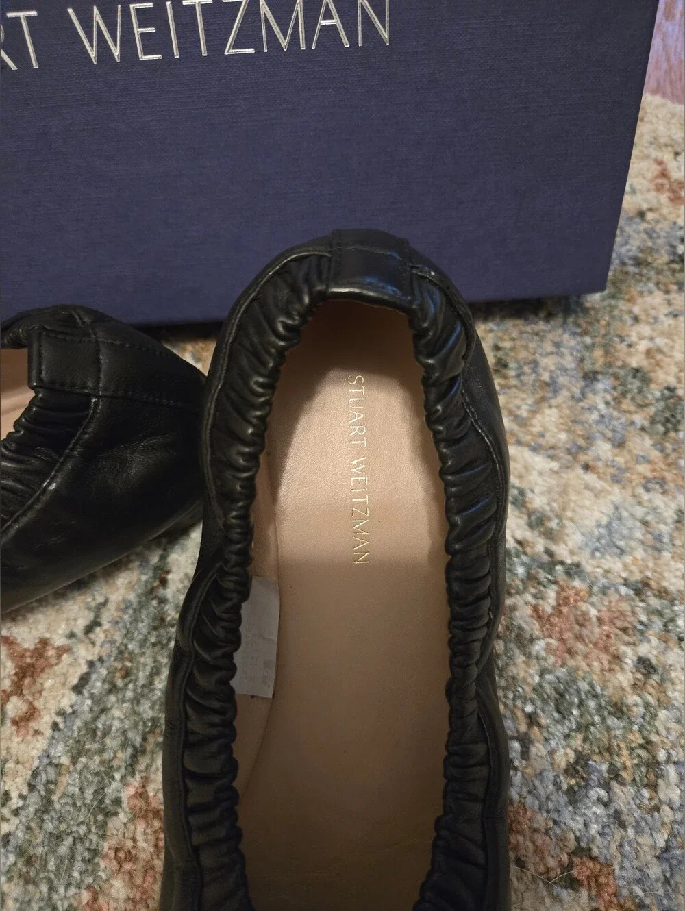 Stuart Weitzman Gina Stretch Leather Ballet Flats In Jet Black Spain 38 7.5 - Picture 2 of 6